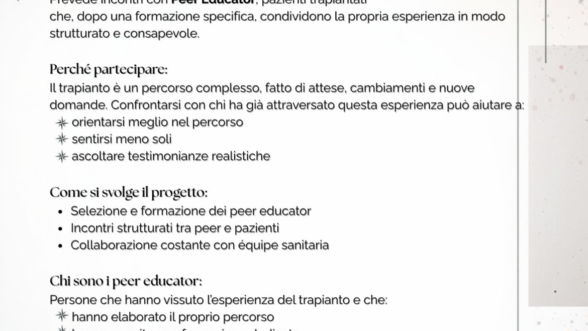 Progetto di Peer-Education nel percorso trapiantologico (cuore-fegato-polmone-rene)