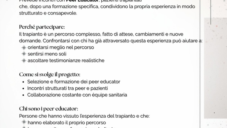 Progetto di Peer-Education nel percorso trapiantologico (cuore-fegato-polmone-rene)